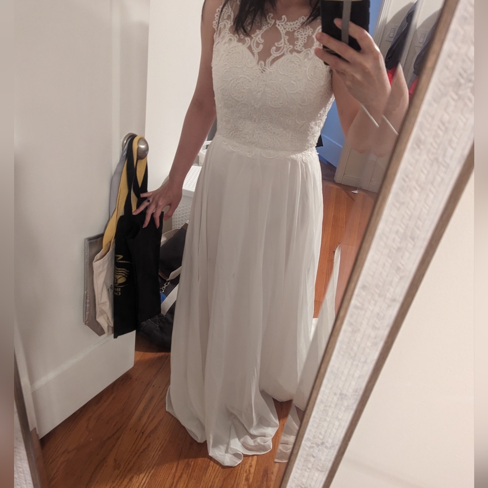 Chiffon and lace wedding dress with lace up corset back